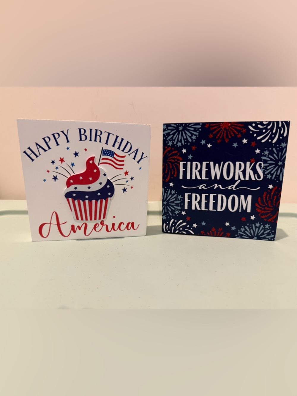 Patriotic Happy Birthday and Fireworks Decorative Block Signs - Set of 2- NWT